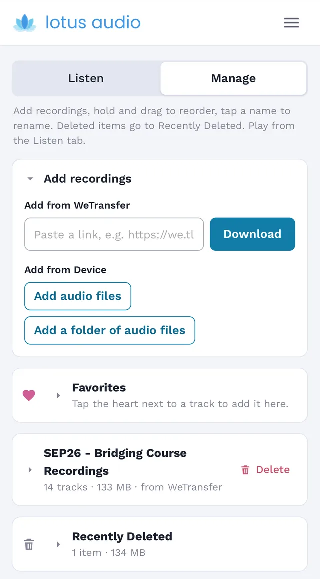 Lotus Audio Manage tab with a WeTransfer link field and buttons to add audio files